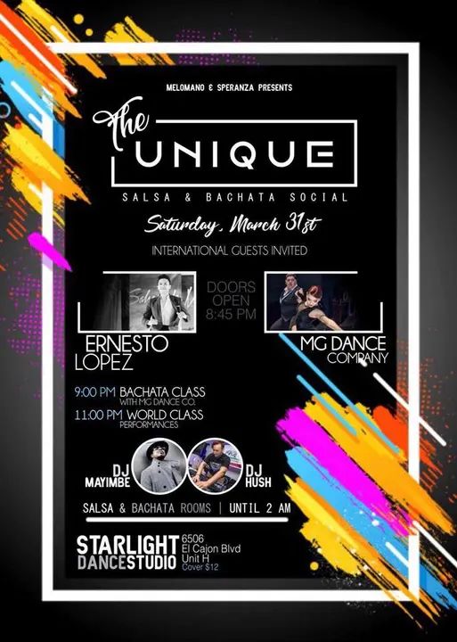 So happy to bring out of town artist to San Diego! We got something for the Bachateros and the Salseros of San Diego!! Get ready for the Unique Social!!! Join us on March 31st