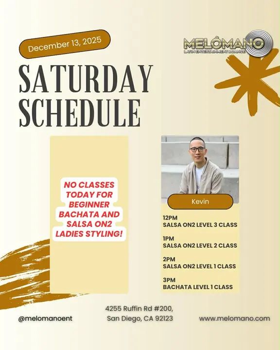 It’s the weekend and it is Saturday! Time to dance and have fun! Join us for Salsa & Bachata classes! 🥳 🚨NO LADIES STYLING CLASSES🚨 ♥️ 12pm🔸Salsa On2 Level 3 1pm🔸Salsa