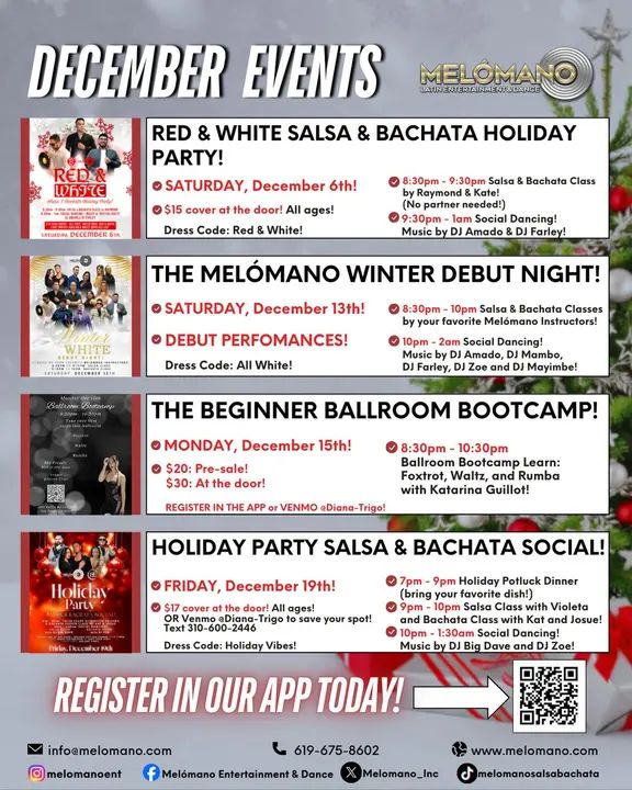 Ready to celebrate December with Melómano?🎄 Come join the dance and feel the festive vibes: our calendar is packed with magic!💃🕺 ✨ Red & White Salsa & Bachata Holiday Par