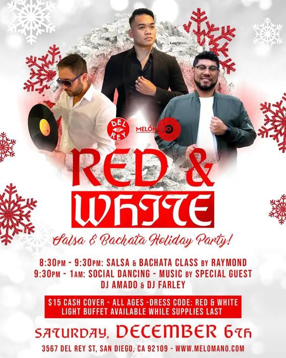 The Melómano Red ❤️& White 🤍 Salsa and Bachata Holiday Party is going down on Saturday, December 6th at Tango Del Rey! 🎉 Don’t miss this fun event!🥳 ❤️🤍Wear your best Red