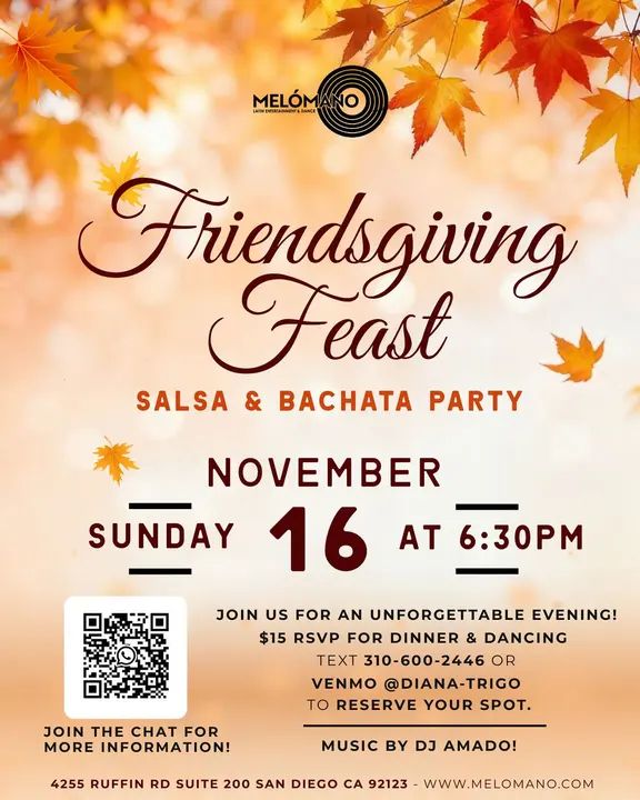 A FEAST with SALSA & BACHATA Dancing? Yes, please! 💃🕺 It’s going down this Sunday, November 16th for the Melómano Friendsgiving Feast!✨ 🍽 Dinner starts at 6:30PM 🎲 Follow