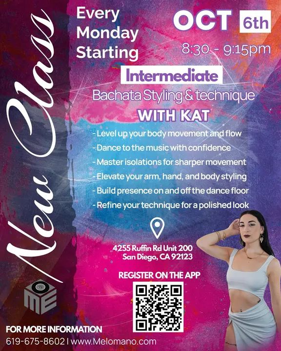 ✨ New Class Launch ✨ San Diego, it’s time to take your bachata styling & technique to the next level! 💃 Starting Monday, October 6th at 8:30 PM, Kat will be teaching a bra