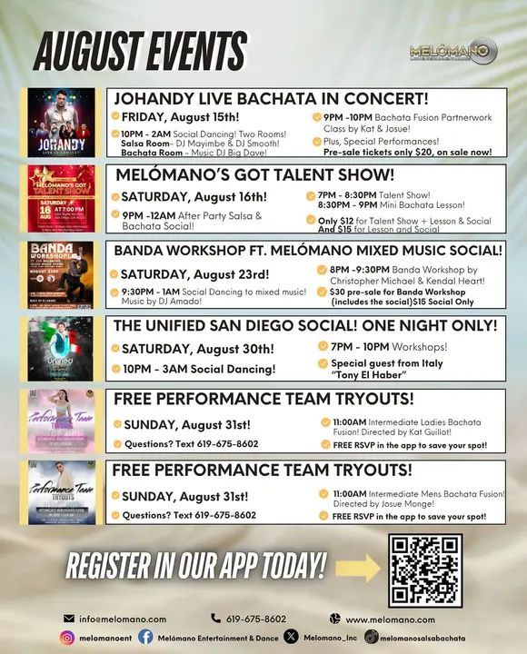 🔥 August continues with the hottest events of the summer!✨ Which one are you coming to? 👀 💃🕺 📅 AUGUST EVENTS 🌟THIS FRIDAY-DONT MISS It ⬇️ 🎤 Friday, Aug. 15 – Johandy