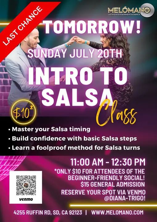 Tomorrow! Sunday at 11am- Intro to salsa class for beginners by Patrick and Diana! Only $15 for 1.5 hours! See you there Fam!