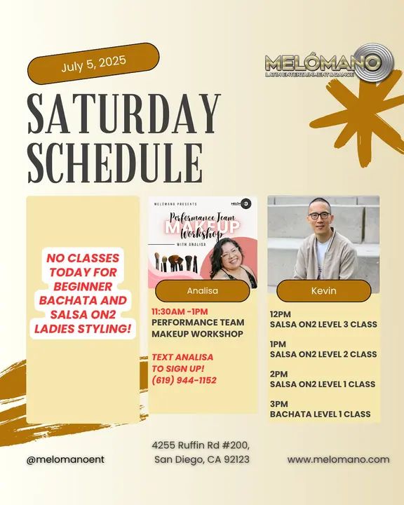 It’s the weekend and it is Saturday! Time to dance and have fun! Join us for Salsa & Bachata classes! 🥳 🚨 No Ladies Classes 🚨 11:30am 🔸Performance Team Makeup Workshop w