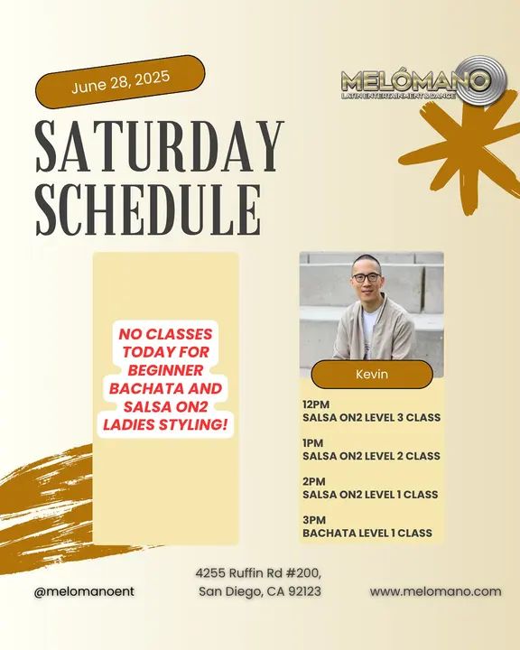 It’s the weekend and tomorrow is Saturday! Time to dance and have fun! Join us for Salsa & Bachata classes! 🥳 🚨 No Ladies Classes 🚨 12pm🔸Salsa On2 Level 3 1pm🔸Salsa On