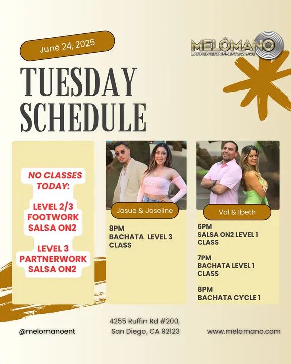 Time to Groove this Tuesday! 💃🕺 Join our level 1 or level 3 classes! 🚨 NO Salsa On2 Footwork and Partnerwork Level 3 Classes 🚨 🔹Level 1 Classes 🔹 6pm🔸Salsa Level 1