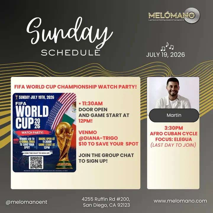 Happy Sunday, dancers! ❤️ ✨Ready to move? Join us for beginner-friendly group classes and level up your skills today! 💃🕺✨ 🚨No Classes today🚨 ⚽️Watch Party for World C