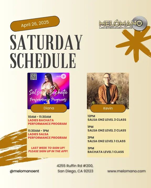 It’s the weekend and it’s Saturday! Time to dance and have fun! Join us for Salsa & Bachata classes! 🥳 10am🔸 Ladies Bachata Performance Program 11:30am🔸 Ladies Salsa