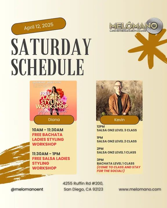 It’s the weekend and today is Saturday! Time to dance and have fun! Join us for Salsa & Bachata classes! 🥳 10am🔸 Free Ladies Bachata Styling Workshop 11:30am🔸 Free Ladie