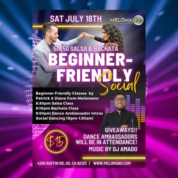 🎉 It's BACK! Our Beginner Friendly Social returns on SATURDAY, July 18th!🙌🏻 Get ready for a fun, welcoming, and stress-free night of dancing! 🤩 Melómano is dedicating thi