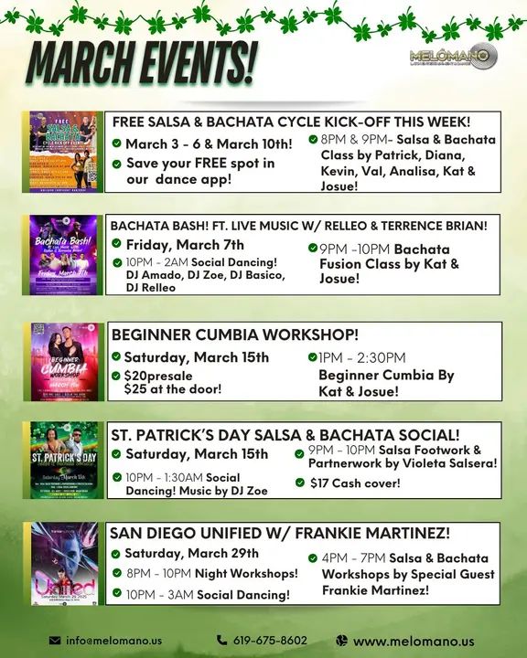 March is packed with excitement! 🔥💃 Get ready for a month packed with energy, rhythm, and unforgettable dance moments at Melómano! ✨ 📌 March 3 – Free Salsa Cycle 1 Kick-O