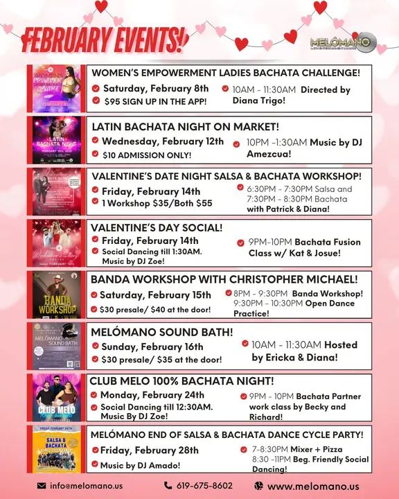 ✨ Check Out What’s Coming This February! ✨ Get ready for an incredible month filled with dance, passion, and unforgettable events at Melómano! 💃🔥 Feb 8 – Women’s Empower