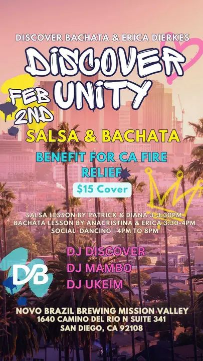 DISCOVER UNITY NIGHT 🤍 This Sunday, we’re dancing for a cause! Join us for an incredible day of salsa and bachata while supporting CA fire relief. 🗓 DATE: Sunday, February
