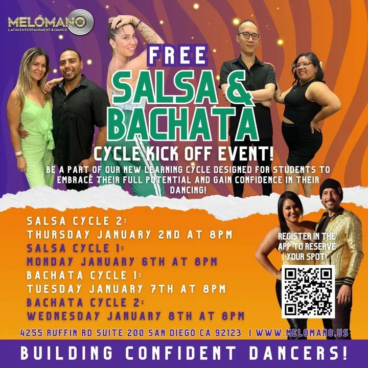 NEW YEAR, NEW CYCLE COMING UP!🎉🎉 Melómano FREE Salsa and Bachata Cycle Kick-offs in January! 2nd, 6th, 7th and 8th!! NEW SALSA and BACHATA DANCE CYCLE KICK OFFS STARTS in