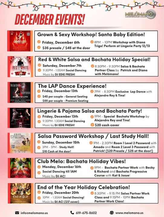 🎄✨ Hello, December! 🎄 It’s the most magical time of the year—filled with joy, connection, and unforgettable dances! Check out our exciting lineup this month: 🎅 December 6