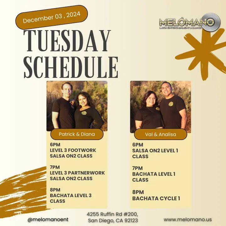 Exciting updates this Tuesday! Join Patrick & Diana, plus Val & Analisa, for a night of fun, learning, and energy-packed classes. Let’s dance the night away at Melómano! 💃🕺