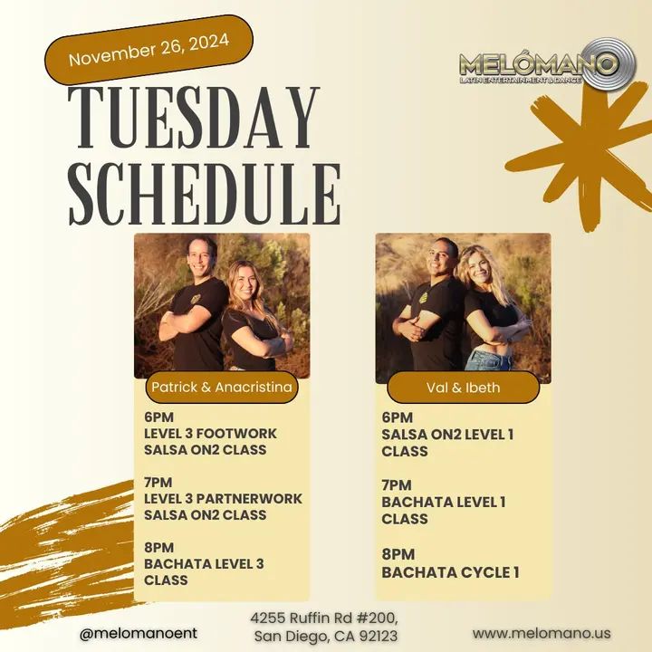 Exciting changes this Tuesday! Catch Patrick & Anacristina, plus Val & Ibeth bringing the energy to your favorite classes. Join us at Melómano for a night full of learning and