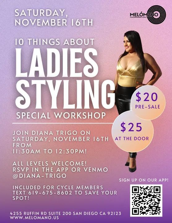THIS SATURDAY!! Join us for a Salsa Ladies Styling Pop-Up Workshop!🥳 Are you ready to elevate your dance game? Diana Trigo, your expert Melómano Dance Coach, invites you to