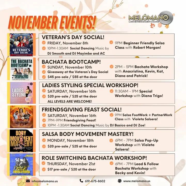 🍁 Hello, November! Let’s dance into the new season! 🍁 This month is packed with events to keep you moving! Here’s what’s coming up: 🇺🇸 Friday, 11/8 - Veteran's Day Social