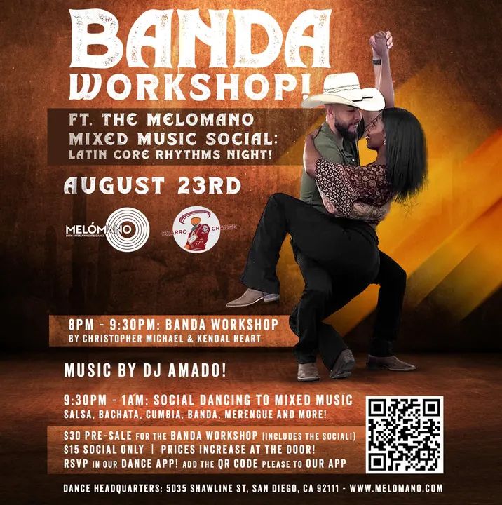 🎺 Banda Dance Workshop + Dancing to Salsa, Bachata, Merengue, Cumbia and More!! It’s going down THIS Saturday, August 23rd!🥳 Get ready for a night full of rhythm, culture,