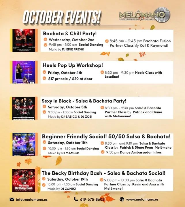 Let’s make October truly unforgettable!💃🕺✨ STAY TUNED FOR EXCITING UPDATES!🙌 Check out our flyers for more details or DM us with any questions: 📲 619-675-8602 📩 info@m