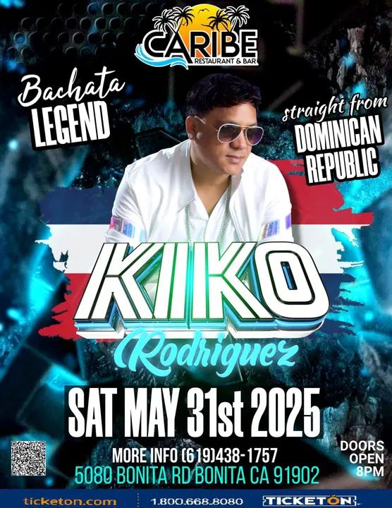 🚨 Saturday, May 31st! 🥳 Live Bachata Band from the Dominican Republic! Kiko Rodríguez playing live at Caribe! 🤯Tickets are only $40!! That’s awesome price for live music