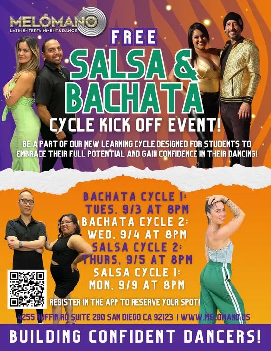 NEW SALSA and BACHATA DANCE CYCLE KICK OFFS STARTS in SEPTEMBER🥳 These Cycles have been a BIG hit! Come check it out for one FREE session! NOW is the time to learn new moves