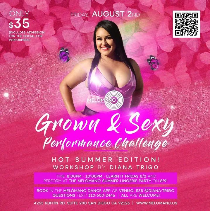 🔥 FRIDAY, August 2nd! 🔥 Join Diana Trigo, Melómano Dance Director for a Grown and Sexy Performance Challenge! 🔥 Yes!! 🙌🏼Our popular performance challenge is BACK! 😍 This