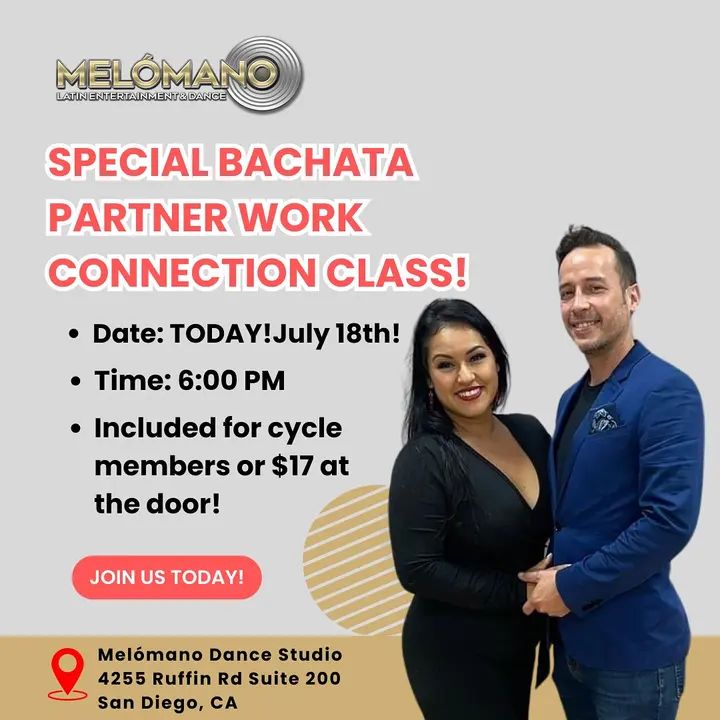 TODAY! July 18th! Catch Patrick and Diana in this Special Bachata Partner Work Class! 🌟 we start at 6pm! Included for cycle members or $17 at the door! 💃🏽🕺🏼 Check our we