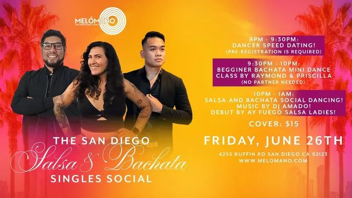 ❤️ THE SAN DIEGO SALSA & BACHATA SINGLES SOCIAL!💃🕺 Looking to meet new people, make new connections, and enjoy a fun night of dancing? Join us on Friday, June 26th for an e