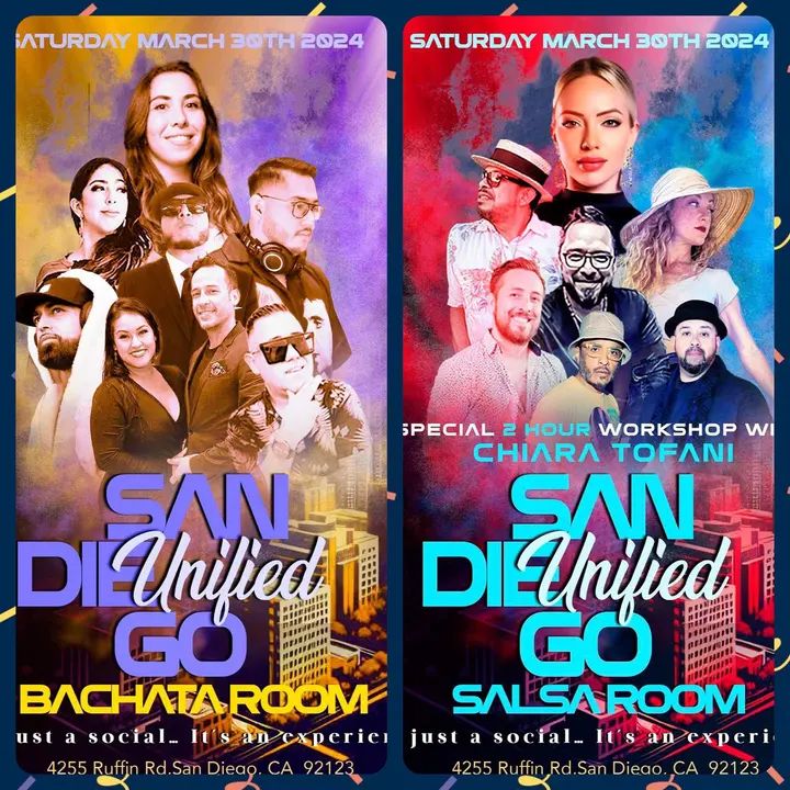 🎉SD Unified Salsa & Bachata Social is this weekend! 🎉 SATURDAY, March 30th! 🌟WORKSHOP SCHEDULE:🌟 ✅Room 1: SALSA workshops 🔸7pm -8pm Open Level Salsa Body Movement Wor
