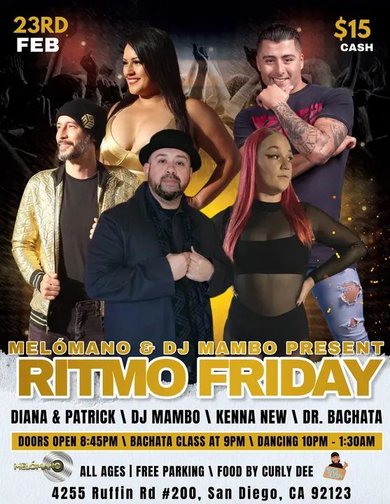 🥳 TONIGHT 🥳 Ritmo Friday is going down!!! 9pm Bachata Class with Dr Bachata and Kenna!! Music by DJ Mambo And burritos for sale by Curly! Come have also fun and get your da
