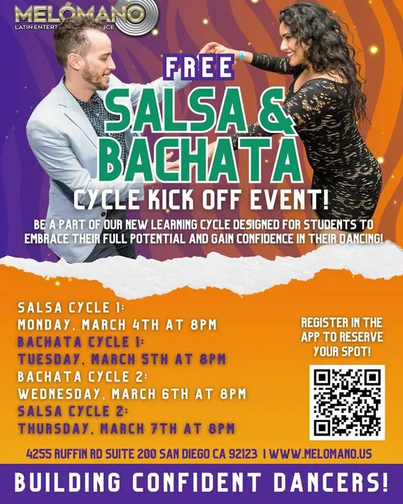 NEW SALSA & BACHATA DANCE CYCLE KICK-OFF EVENTS START ON MARCH 4TH-7TH🥳 These Cycles have been a BIG hit! Come check it out for one FREE session! NOW is the time to learn