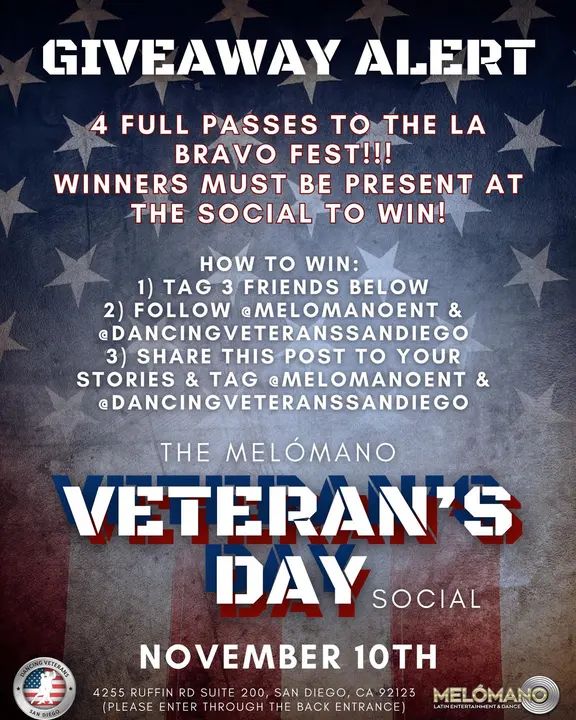 🚨 Giveaway Alert 🚨 Free passes to LA Bravo Fest! 1. follow @melomanoent and @Dancingveteranssandiego, 2. tag 3 friends! 3. post to your story! Don’t forget to follow and