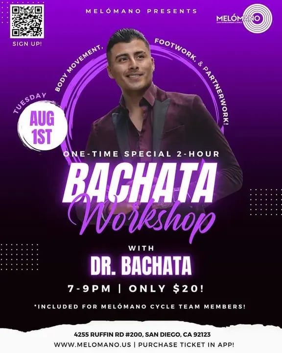 Join us for a special 2 hour bachata workshop with Dr. Bachata! 🎉 🗓️ Tuesday, August 1st ⏰ 7pm to 9pm! Only $20 for 2 hours Venmo @Diana-Trigo or Buy your ticket on the