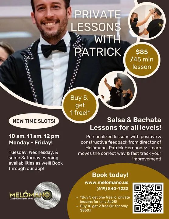 New slots available!! Monday - Fridays 10am to noon! Book your private with Patrick today! Privates with Melómano are the fastest way to improve!! 🤩 💯 🕺🏼💃🏽 Receive