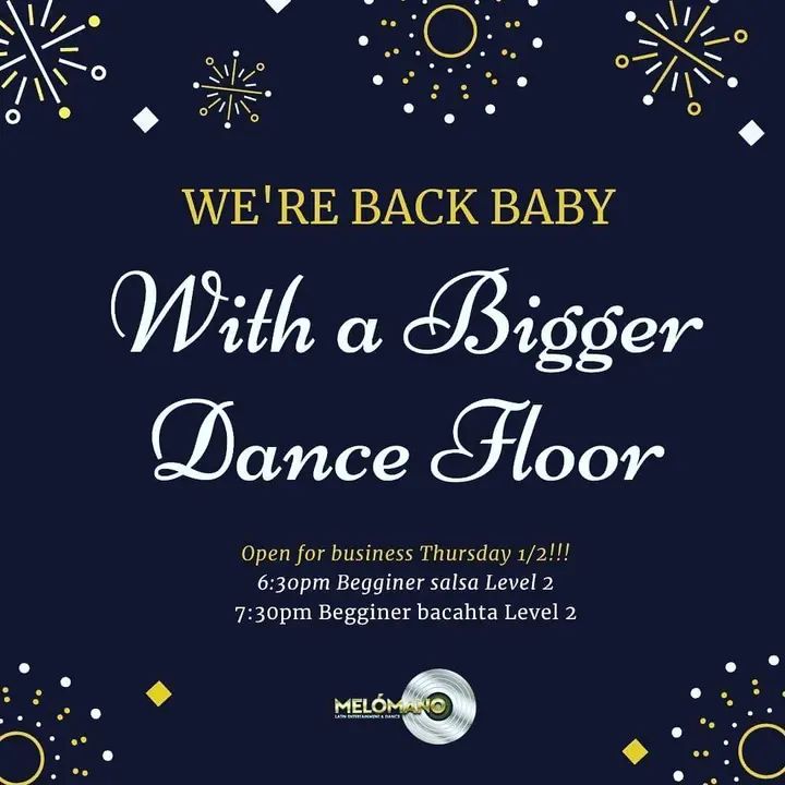 We’re Back! ✨💃🏻🙌🏼 Today we kick off the new year with our remodeled studio ✨ Classes begin at 6:30pm with our Beginner Level 2 salsa on2 then at 7:30pm Beginner Level 2