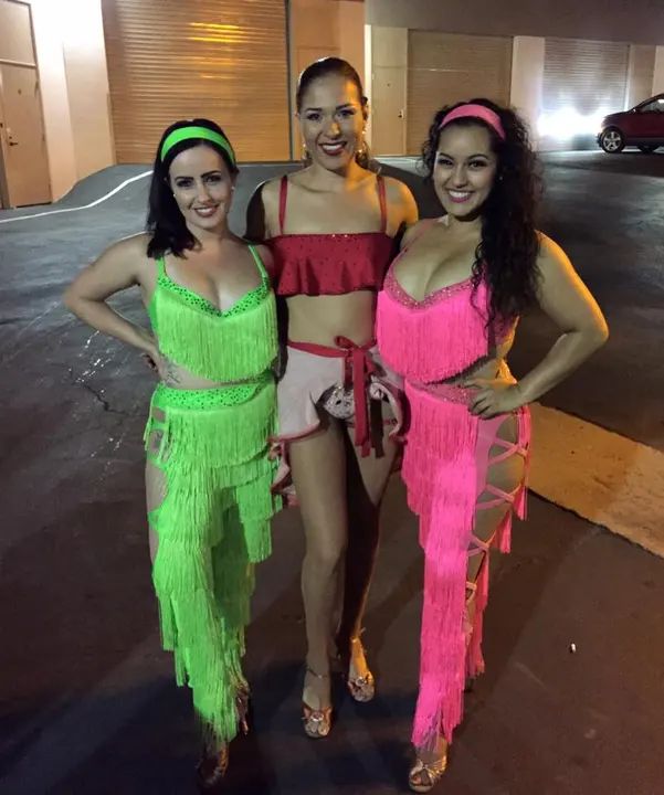2 of our beautiful ladies from the SD Adolfo WTP pose with Eva Cadena before getting ready to perform at our September social. All 3 ladies are wearing costumes by Evangelina
