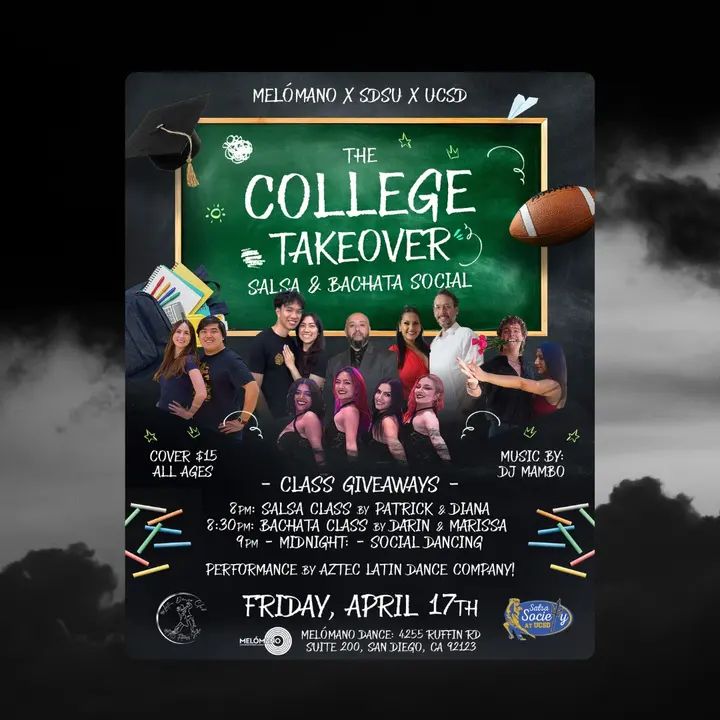 It's going down!!🎓THE COLLEGE TAKEOVER: Salsa & Bachata Social!💃🏽🕺🏻 Get ready for an epic night as the SDSU and UCSD dance clubs are collaborating for the FIRST TIME EVE