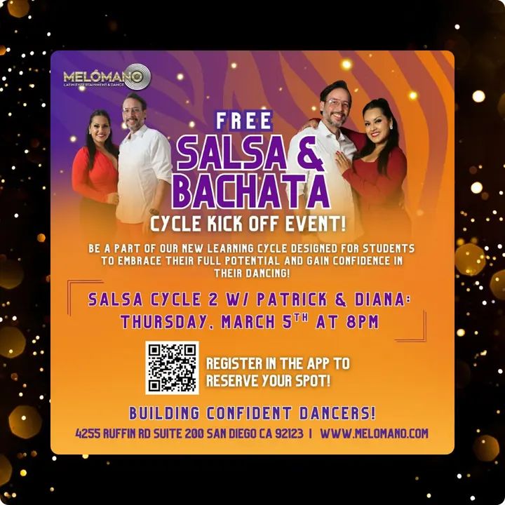 TONIGHT! FREE Salsa Cycle 2 KickOff at 8:00PM with Patrick & Diana!💃🕺 Join us for the NEW Cycle and take your dancing to the next level! 🤩 These cycles are designed to hel