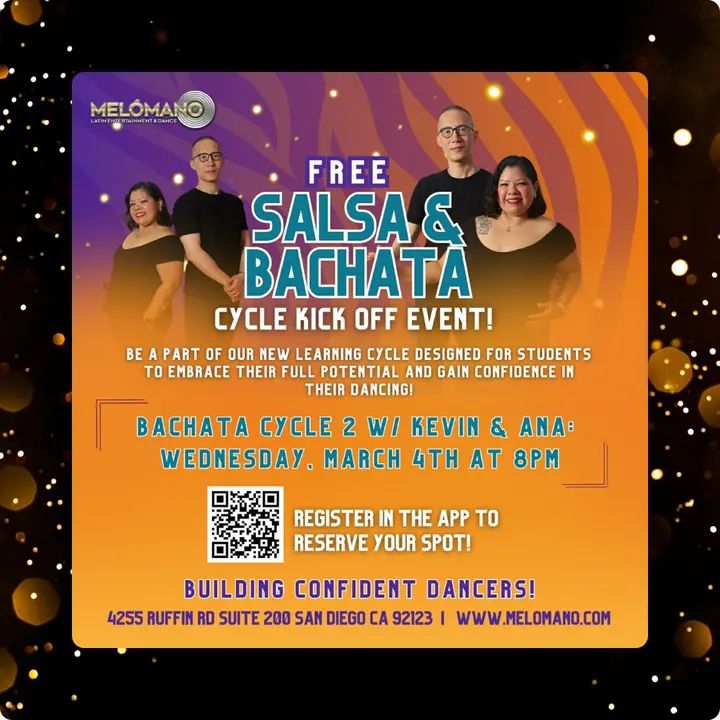 TONIGHT! FREE Bachata Cycle 2 KickOff at 8:00PM with Kevin & Analisa!💃🕺 Join us for the NEW Cycle and take your dancing to the next level! 🤩 These cycles are designed to h