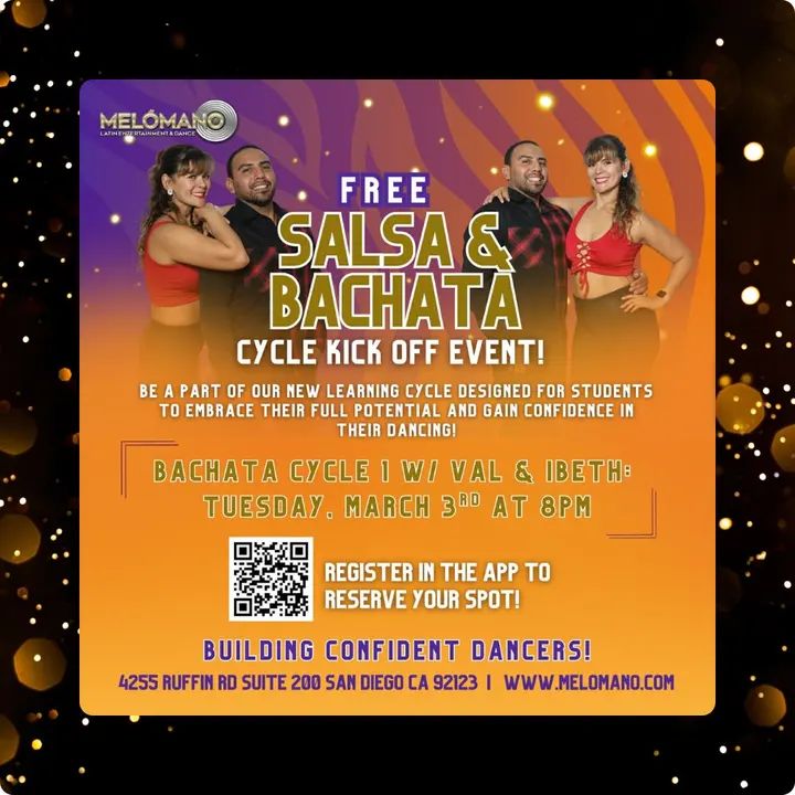 TONIGHT! FREE Bachata Cycle 1 KickOff at 8:00PM with Valentin!🕺🏻 Join us for the NEW Cycle and take your dancing to the next level! 🤩 These cycles are designed to help dan