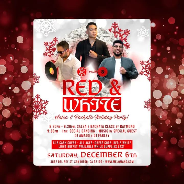 The Melómano Red ❤️& White 🤍 Salsa and Bachata Holiday Party is going down on Saturday, December 6th at Tango Del Rey! 🎉 Don’t miss this fun event!🥳 ❤️🤍Wear your best Red