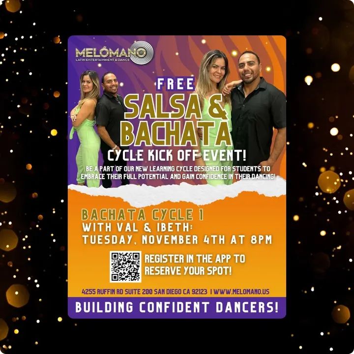 🚨TONIGHT! FREE BACHATA CYCLE 1 KICK-OFF at 8:00PM!🥳 • These Cycles have been a BIG hit! Come check it out for one FREE session! NOW is the time to learn new moves and take