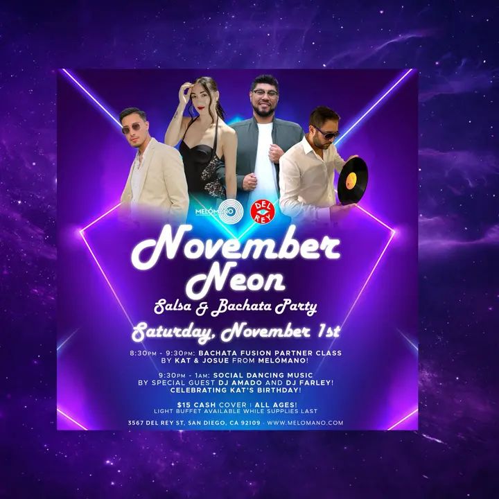 Tonight! We kick off November with our Neon Salsa Bachata Party! 💛💚🧡💜 See you at Tango Del Rey tonight at 8:30pm for a very special bachata fusion class with Kat & Josue!