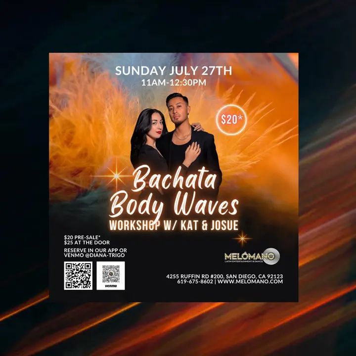 🚨SUNDAY! 🔥💃 Bachata Body Waves Workshop with Kat & Josue on Sunday, July 28th – Don’t Miss It!🔥 Get ready to level up your Bachata! We’re thrilled to invite you to the Ba