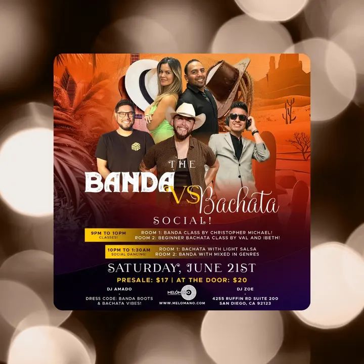 🎉 You’re Invited! 🎉 The Banda Vs. Bachata Social! It’s going down on Saturday, June 21st!🥳 Get ready for a night of high energy, great music, and non-stop dancing!🔥 👢