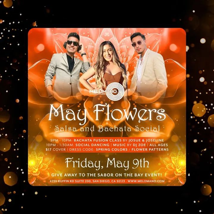 It’s going down TONIGHT, May 9th! The Melómano May Flowers Salsa & Bachata Social! 🌸🌷🌼 We’re celebrating Spring in a major way!! 🌺WEAR your best floral or Spring color fi