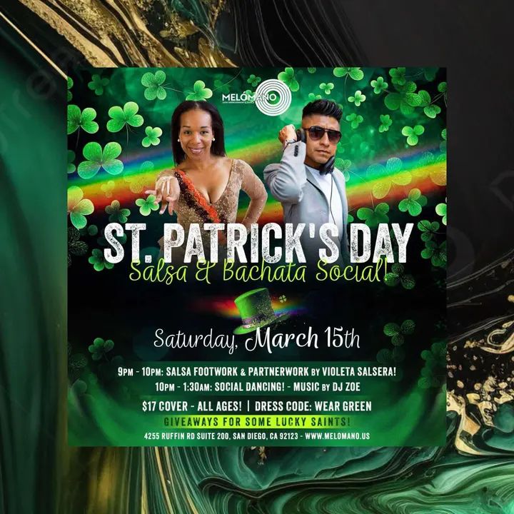 ☘💃 St. Patrick’s Day Salsa & Bachata Social! 💃☘ is going down tomorrow Saturday, March 15th! Get ready to dance the night away with some Latin flair and a touch of Irish lu